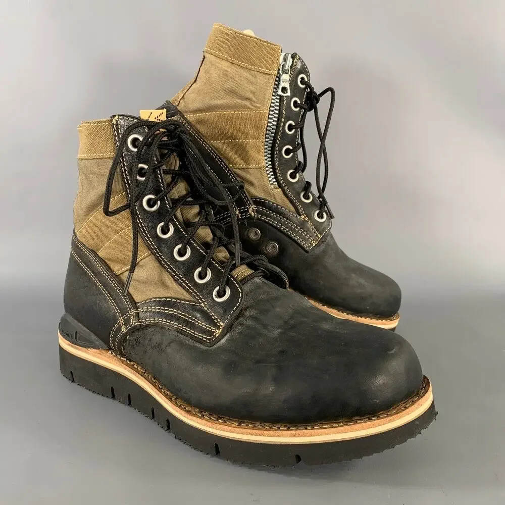 VISVIM Size 9.5 Black Olive Distressed Leather Canvas Lace Up Boots